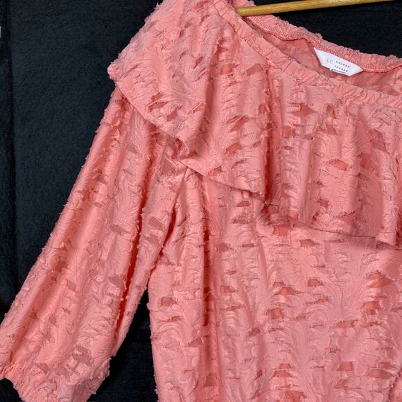Lauren Conrad Womens Blouse Peach Coral One Shoulder Ruffle Fringe Stretch L - Picture 3 of 15